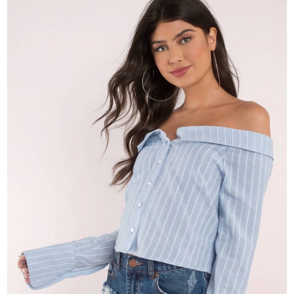 Tops - Off the shoulder striped button down